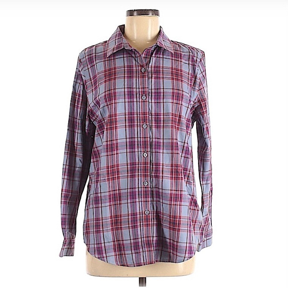 𝅺COLDWATER Creek Plaid Cotton Blend Button Down Shirt Size Medium